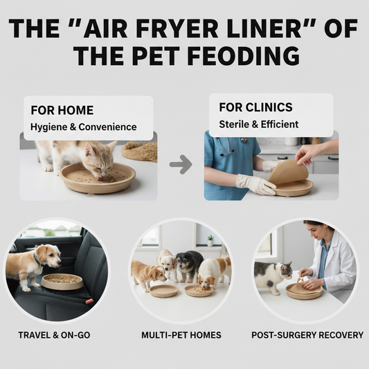 Infographic comparing the traditional 10-minute scrubbing of pet bowls to the 2-second BabaWu Peel-Away Pet Plate method. Features natural brown pulp sheets, a suction cup base, and a 10-layer stack design for veterinary clinics and home use.