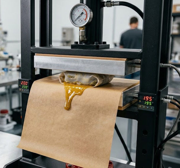 rosin press extraction paper being used in a professional hydraulic press for solventless botanical extraction.