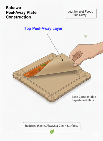 Diagram showing the multi-layer construction of Babawu peel-away plates with organic oil-resistant coating for wet foods like curry
