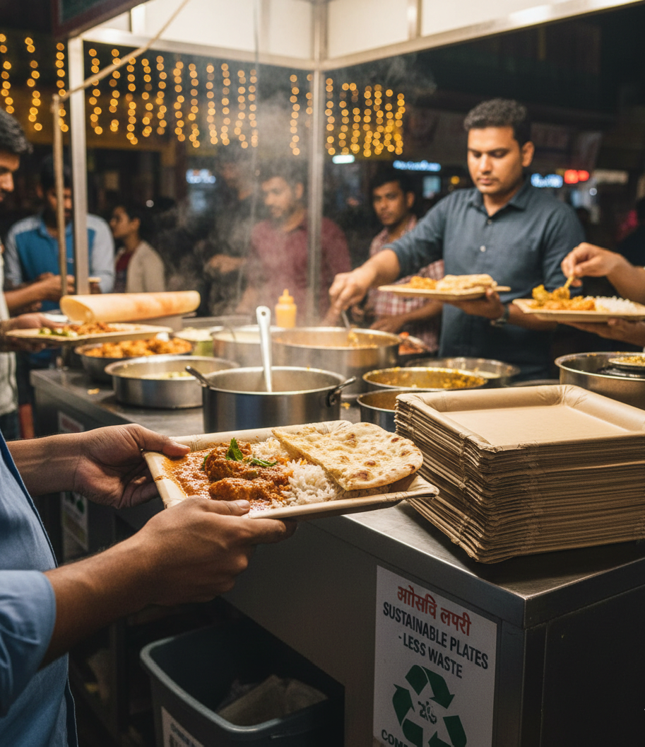 A busy Indian street food stall using sustainable, stackable paper plates to reduce landfill waste.